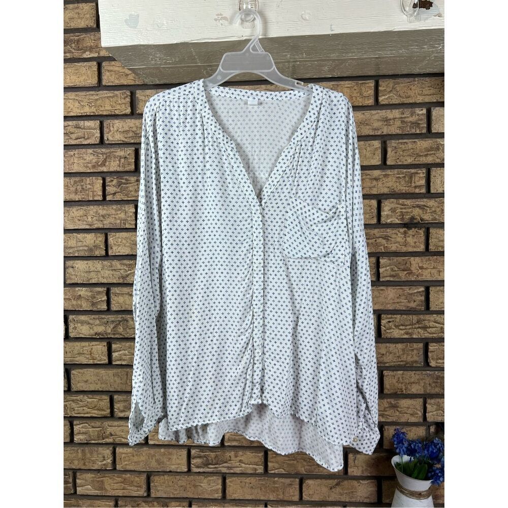 Old Navy Tunic Blouse Womens Size XL White‎ Blue crosses  Long Sleeve V Neck